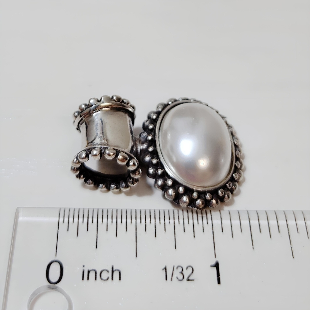 Vintage Sterling Silver SET Faux Pearl Slider Pendant and Post back Earrings - Picture 4 of 9